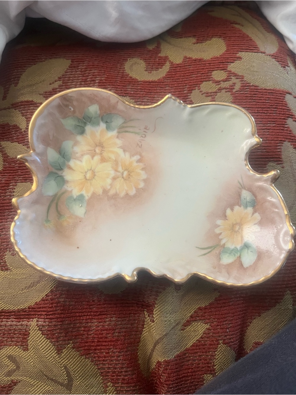 Hand-Painted Floral Porcelain Dish with Gold Trim
